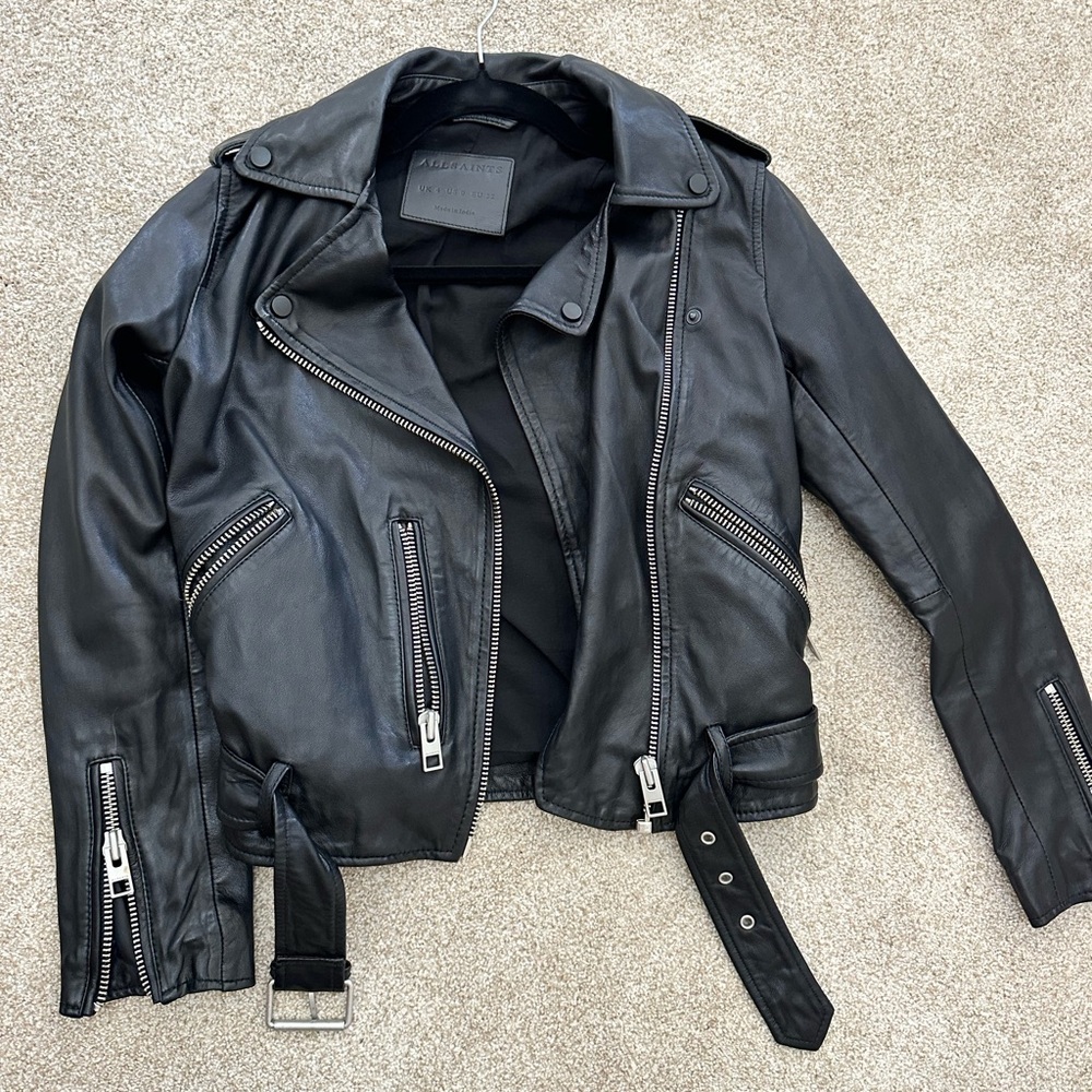 All Saints Black and Silver Moto Jacket with Asymmetrical Zipper